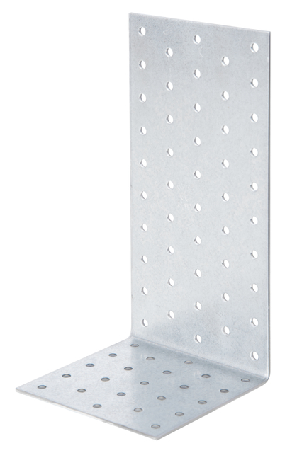 Perforated angle plate, Material: raw steel, Surface: sendzimir galvanised, with CE marking in accordance with ETA-08/0165, Depth: 100 mm, Height: 200 mm, Width: 100 mm, Material thickness: 2.50 mm, No. of holes: 71, Hole: Ø5 mm, Designed for standard cross-sections made from solid structural timber (SST) and glued laminated timber (glulam), CutCase