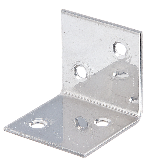 Squadretta di giunzione angolare, modello con lati uguali, con fori per viti incassate, Materiale: acciaio inox, Profondità: 40 mm, altezza: 40 mm, Larghezza: 40 mm, Spessore del materiale: 2,00 mm, Numero di fori: 4, Foro: Ø5 mm, CutCase
