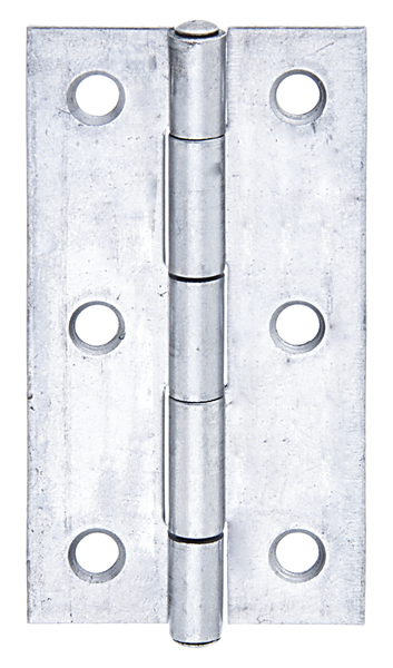Hinge, narrow, with countersunk screw holes, Material: stainless steel, with riveted stainless steel pin, Length: 64 mm, Width: 34 mm, Type: rolled, Material thickness: 1.00 mm, No. of holes: 6, Hole: Ø4.3 mm