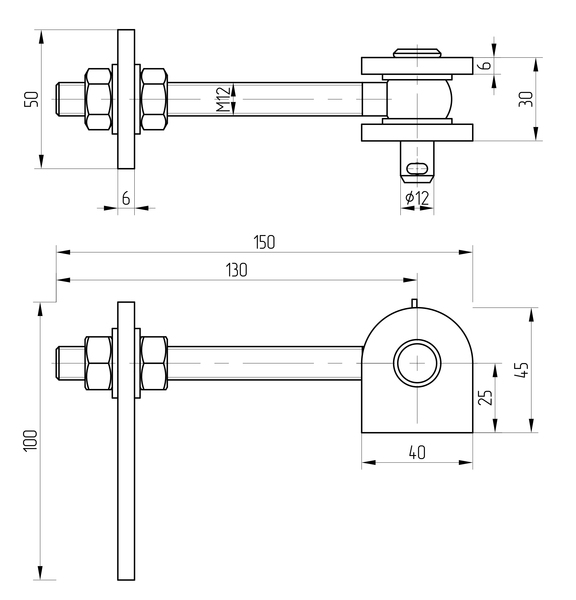 Pernio de pórtico para una apertura máxima 180°, Material: Acero inoxidable A2 / AISI 1.4301, Longitud: 100 mm, Anchura: 130 mm, Altura: 45 mm, Roscado: M12, Embalaje de comercio especializado