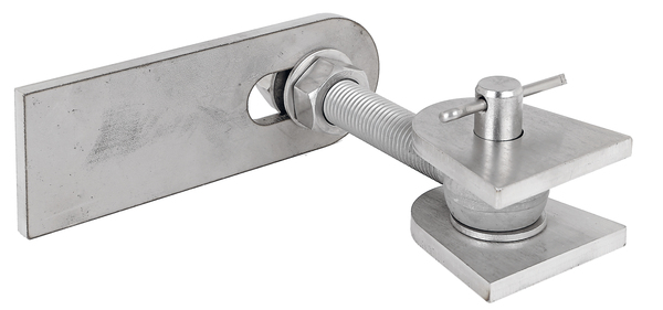 Gate hinge for 180° opening, adjustable, Material: stainless steel, V2A / AISI 1.4301, Length: 170 mm, Width: 150 mm, Height: 60 mm, Thread: M20, Specialised trade container