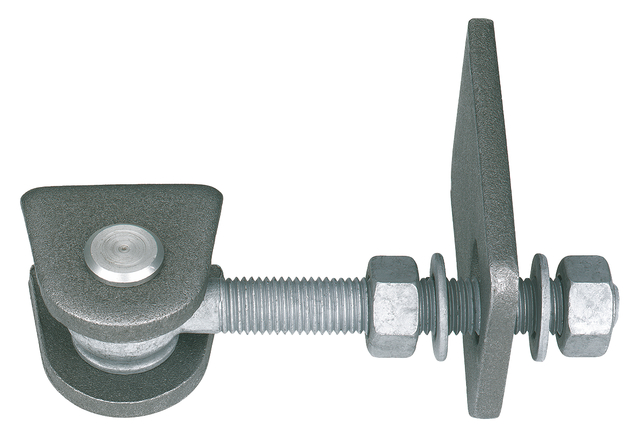 Gate hinge for 180° opening, short version, Material: weld-on parts: raw steel, bolt and splint: stainless steel, Surface: screws and nuts: hot-dip galvanised, Length of weld-on strip: 86 mm, Distance weld-on plates: 23 mm, Width of weld-on plate: 55 mm, Length of eye bolt: 130 mm, Distance centre pin - end of weld-on plate: 28 mm, Height of weld-on part: 50 mm, Thread: M16, in bargain pack