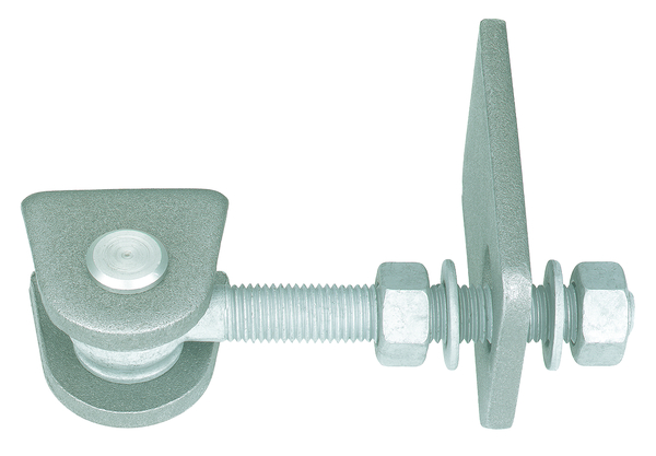 Zawias do bram, kąt otwarcia 180°, wersja krótka, materiał: elementy do przyspawania: stal surowa, trzpień i zawleczka: stal szlachetna, powierzchnia: śruby i nakrętki: cynkowane ogniowo, Długość Zawias do przyspawania: 145 mm, Odstęp między przyspawanymi występami: 33 mm, Szerokość wspornika do przyspawania: 80 mm, Długość śruby oczkowej: 150 mm, Odstęp środek sworznia - koniec wspornika spawanego: 34 mm, Wysokość przyspawanej części: 65 mm, Gwint: M24, w dużym opakowaniu