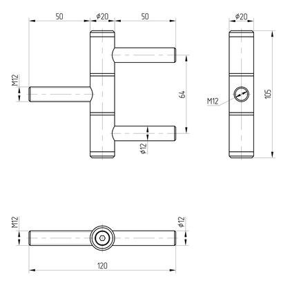 Torband, dreiteilig, Material: Edelstahl, Länge: 100 mm, Durchmesser: 20 mm, Gewinde: M12, Fachhandelsgebinde