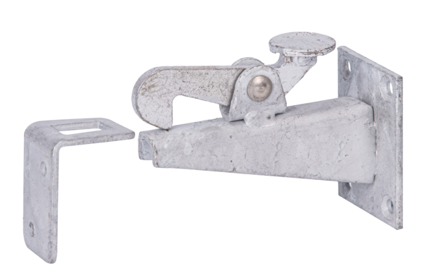 Fermo per cancello, per il fissaggio a muro, con fori per viti incassate, Materiale: acciaio grezzo, superficie: zincata a fuoco, da avvitare, Profondità: 100 mm, altezza: 65 mm, Larghezza: 50 mm, Numero di fori: 4 / 2, Foro: Ø6 / Ø5,5 mm