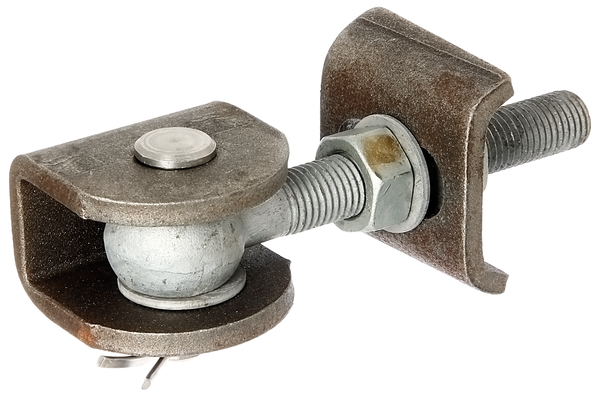 Zawias do bram, kąt otwarcia 180°, materiał: elementy do przyspawania: stal surowa, trzpień i zawleczka: stal szlachetna, powierzchnia: śruby i nakrętki: cynkowane ogniowo, Długość uchwytu do przyspawania: 70 mm, Szerokość w świetle części U: 33 mm, Szerokość części U: 70 mm, Długość śruby oczkowej: 150 mm, Odstęp środek śruba - koniec Ucho cumownicze: 34 mm, Wysokość U: 65 mm, Gwint: M20