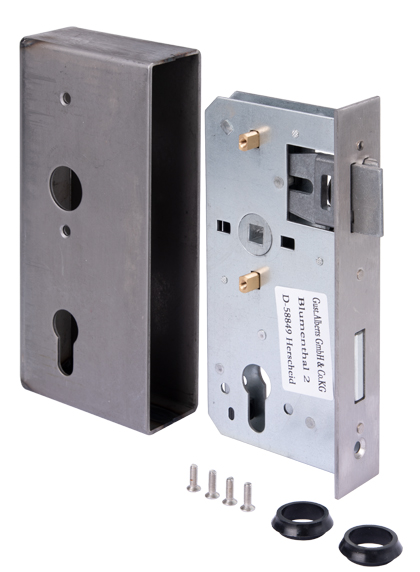 Boitier avec serrure galvanisée, avec trous de vis fraisés, axe de 55 mm, Matériau: Boîtier : Acier brut, serrure : Acier brut, Finition: serrure : galvanisée, Hauteur: 185 mm, Largeur: 90 mm, Distance axe: 55 mm, Entre axe: 72 mm, Largeur du logement de la têtière: 40 mm, Largeur de la têtière: 33 mm