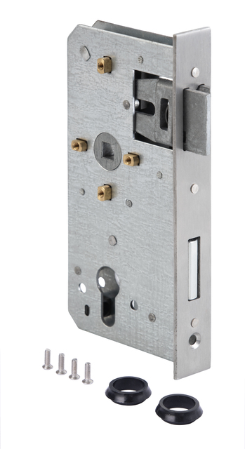 Serrure de rechange, axe de 55 mm, Matériau: Acier brut, Finition: galvanisée, Hauteur: 167 mm, Profondeur: 85 mm, Distance axe: 55 mm, Entre axe: 72 mm, Largeur de la têtière: 24 mm, Hauteur de la têtière: 180 mm