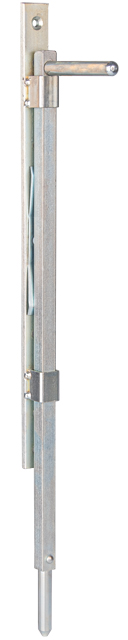 Verrou baïonnette pour portails en bois et en métal, avec trous de vis fraisés, Matériau: Acier brut, Finition: zinguée, à visser, Hauteur: 500 mm, Matériau: 14 x 14 mm, Longueur d'extension: 150 mm, Largeur de platine: 25 mm, Hauteur du panneau: 390 mm, Nombre de trous: 4, Trou: Ø6,5 mm / M6