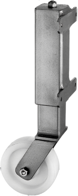 Roue de soutien pour portail lourd, supporte un vantail de 450 kg maxi, Matériau: Acier brut, Finition: galvanisée à chaud, à visser, Hauteur: 400 mm, ø gond: 125 mm, Largeur de platine: 130 mm, Hauteur du panneau: 30 mm, Écartement du centre au centre du trou: 150 mm, Nombre de trous: 4, Trou: Ø8,5 mm