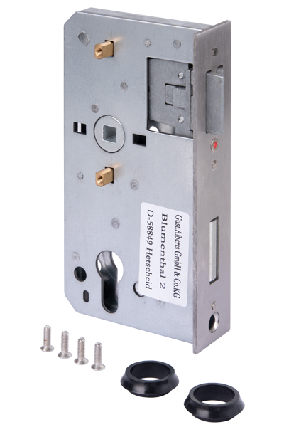 Cerradura de repuesto, con agujeros para atornillar avellanados, eje 60 mm, Material: Acero crudo, Superficie: galvanizado, Altura: 167 mm, Profundidad: 90 mm, Entre eje: 60 mm, Entre eje: 72 mm, Anchura de la placa frontal: 33 mm, Altura de la placa frontal: 167 mm