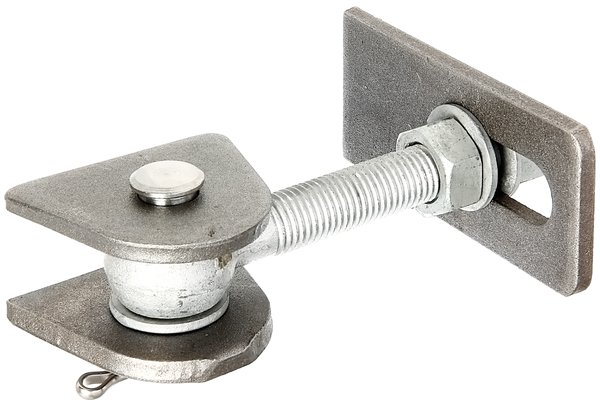 Zawias do bram, kąt otwarcia 180°, wersja krótka, materiał: elementy do przyspawania: stal surowa, trzpień i zawleczka: stal szlachetna, powierzchnia: śruby i nakrętki: cynkowane ogniowo, Długość Zawias do przyspawania: 130 mm, Odstęp między przyspawanymi występami: 30 mm, Szerokość wspornika do przyspawania: 80 mm, Długość śruby oczkowej: 150 mm, Odstęp środek sworznia - koniec wspornika spawanego: 34 mm, Wysokość przyspawanej części: 65 mm, Gwint: M20