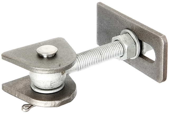 Zawias do bram, kąt otwarcia 180°, wersja krótka, materiał: elementy do przyspawania: stal surowa, trzpień i zawleczka: stal szlachetna, powierzchnia: śruby i nakrętki: cynkowane ogniowo, Długość Zawias do przyspawania: 130 mm, Odstęp między przyspawanymi występami: 30 mm, Szerokość wspornika do przyspawania: 80 mm, Długość śruby oczkowej: 150 mm, Odstęp środek sworznia - koniec wspornika spawanego: 34 mm, Wysokość przyspawanej części: 65 mm, Gwint: M20