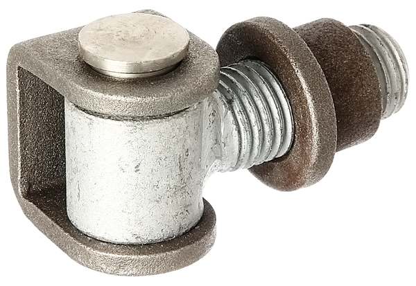 Zawias do bram z pałąkiem U i nakrętka do przyspawania, materiał: pałąk U i nakrętka do przyspawania: stal surowa, trzpień łączący i pierścień zabezpieczający: stal szlachetna, Długość: 72 mm, Długość gwintu: 50 mm, Wysokość pałąka: 44 mm, Szerokość pałąka: 35 mm, Średnica rolki: 30 mm, Zewnętrzna Ø nakrętki do wspawania: 30 mm, możliwość regulacji o: 15 mm, Gwint: M24