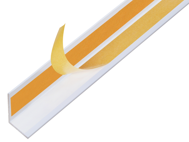 Profilo angolare autoadesivo, Materiale: alluminio, superficie: plastificata bianca RAL 9016, Larghezza: 20 mm, altezza: 20 mm, Spessore del materiale: 1,5 mm, Modello: con lati uguali, autoadesivo, Lunghezza: 2600 mm