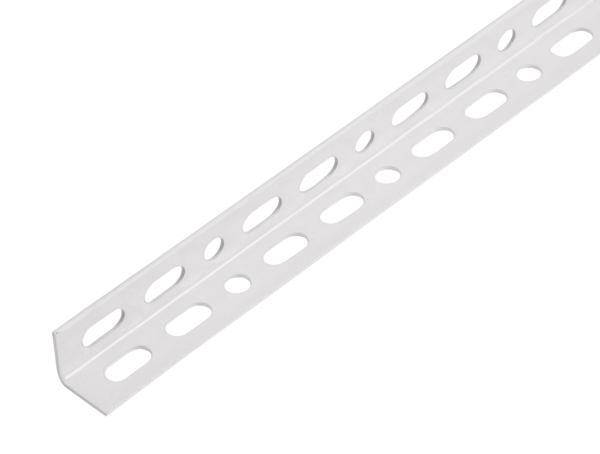 Conceptor® Angle profile, perforated, Material: raw steel, Surface: sendzimir galvanised, white powder-coated RAL 9016, Width: 15 mm, Height: 15 mm, Material thickness: 1 mm, Type: equal sided, Length: 1000 mm