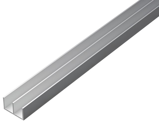 Profile podwójne U, materiał: aluminium, powierzchnia: anodowana srebrna, Wysokość: 10 mm, Szerokość całkowita: 20 mm, Grubość materiału: 1 mm, Wymiar wewnętrzny: 8,5 mm, Długość: 1000 mm