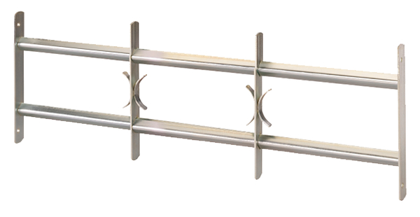 Fenstergitter Amsterdam, Befestigung in der Fensterlaibung, Ausziehgitter mit Zierelementen, Material: Stahl roh, Oberfläche: galvanisch blau verzinkt, min. Breite: 700 mm, max. Breite: 1050 mm, Gesamthöhe: 300 mm, Anzahl Traversen: 2, 15 Jahre Garantie gegen Durchrosten