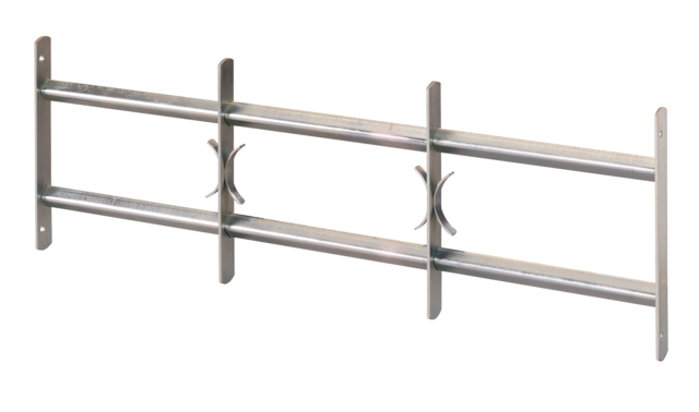 Grille de fenêtre Amsterdam pour fixation en tableau, grille extensible avec éléments décoratifs, Matériau: Acier brut, Finition: zinguée, Largeur minimum: 1000 mm, Largeur maximum: 1500 mm, Hauteur totale: 300 mm, Nombre traverses: 2, Garantie de 15 ans contre l'oxydation