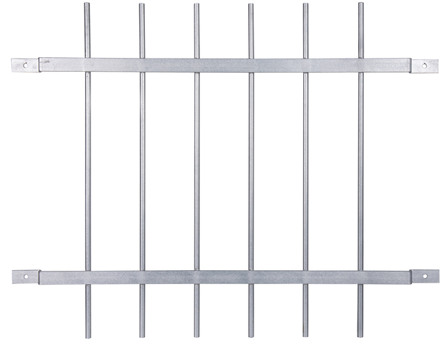 Grille de fenêtre Friedberg, pour fixation sur mur extérieur, Matériau: Acier brut, Finition: galvanisée à chaud, plastifiée blanche avec un anneau rouge réfléchissant, à visser, serrure à cylindre profilé à fermeture identique avec trois clés, Longueur de l'attache: 60 mm, Largeur totale: 940 mm, Hauteur totale: 740 mm, Barreau: 30 x 4 mm, Trou: Ø9 mm, Garantie de 15 ans contre l'oxydation