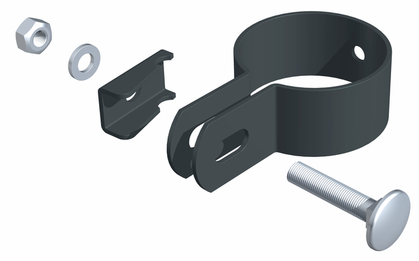 Endschelle, zur Befestigung von Zaunfeldern an Pfosten, Material: Stahl roh, Oberfläche: sendzimirverzinkt, anthrazit kunststoffbeschichtet RAL 7016, für Pfosten-Ø: 34 mm, Schraube: M6, Schraubenlänge: 25 mm, 15 Jahre Garantie gegen Durchrosten