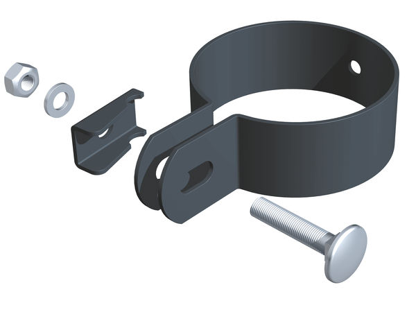 Endschelle, zur Befestigung von Zaunfeldern an Pfosten, Material: Stahl roh, Oberfläche: sendzimirverzinkt, anthrazit kunststoffbeschichtet RAL 7016, für Pfosten-Ø: 60 mm, Schraube: M6, Schraubenlänge: 25 mm, 15 Jahre Garantie gegen Durchrosten