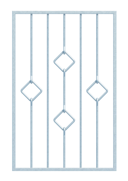 Inferriata Köln a misura, per il fissaggio nell'intradosso della finestra o al muro, Materiale: acciaio grezzo, superficie: zincata a fuoco, passivata, fissaggio al muro, Larghezza netta: 571 - 945 mm, Altezza: 610 - 1000 mm, Larghezza del telaio: 651 - 1025 mm, Altezza del telaio: 610 - 1000 mm, Spessore telaio: 20 x 20 mm, Materiale barre interne-Ø: 12 mm, Numero di punti di fissaggio: 4, Barra trasversale: senza, 15 anni di garanzia contro la formazione di ruggine