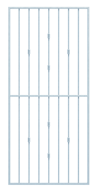 Grille de fenêtre Basic II aux dimensions spéciales, pour fixation en tableau ou sur mur extérieur, Matériau: Acier brut, Finition: galvanisée passivée, fixation dans l'embrasure, Largeur d'ouverture: 1066 - 1440 mm, Hauteur d'embrasure: 1441 - 2040 mm, Largeur du cadre: 1026 - 1400 mm, Hauteur de cadre: 1401 - 2000 mm, Épaisseur de cadre: 30 x 20 mm, Ø du barreau intérieur: 12 mm, Nombre de points de fixation: 8, Barreau: avec, Garantie de 15 ans contre l'oxydation
