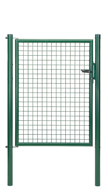 Wellengitter-Einzeltor, Material: Stahl roh, Oberfläche: zinkphosphatiert, grün kunststoffbeschichtet RAL 6005, zum Einbetonieren, Nennbreite: 1000 mm, lichte Breite: 940 mm, Breite von Mitte zu Mitte Pfosten: 1000 mm, Höhe: 1250 mm, Pfostenlänge: 1750 mm, Pfosten-Ø: 60 mm, Rahmenbreite: 880 mm, Rahmenstärke-Ø: 42 mm, Material Füllung: 50 x 50 x 4 mm, 10 Jahre Garantie gegen Durchrosten