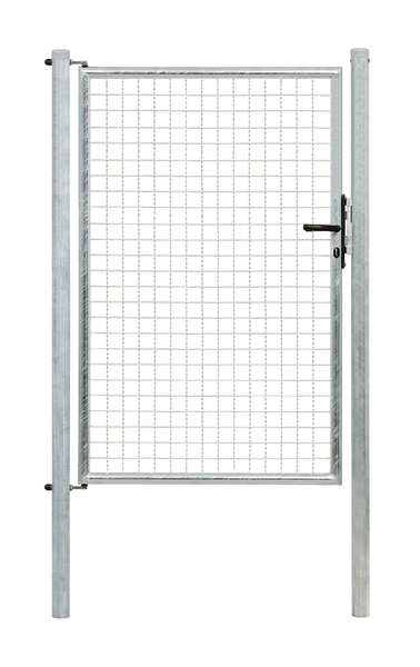 Welded mesh single gate, Material: raw steel, Surface: hot-dip galvanised, for setting in concrete, Nominal width: 1000 mm, Clear width: 940 mm, Width from middle to middle of post: 1000 mm, Height: 1500 mm, Post length: 2000 mm, Post dia.: 60 mm, Frame width: 880 mm, Frame thickness Ø: 42 mm, Filler material: 50 x 50 x 4 mm, 15-year warranty against rusting through