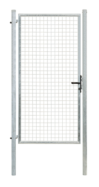 Welded mesh single gate, Material: raw steel, Surface: hot-dip galvanised, for setting in concrete, Nominal width: 1000 mm, Clear width: 960 mm, Width from middle to middle of post: 1020 mm, Height: 2000 mm, Post length: 2500 mm, Post dia.: 60 mm, Frame width: 880 mm, Frame thickness Ø: 42 mm, Filler material: 50 x 50 x 4 mm, 15-year warranty against rusting through