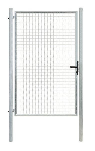 Welded mesh single gate, Material: raw steel, Surface: hot-dip galvanised, for setting in concrete, Nominal width: 1250 mm, Clear width: 1210 mm, Width from middle to middle of post: 1270 mm, Height: 2000 mm, Post length: 2500 mm, Post dia.: 60 mm, Frame width: 1130 mm, Frame thickness Ø: 42 mm, Filler material: 50 x 50 x 4 mm, 15-year warranty against rusting through