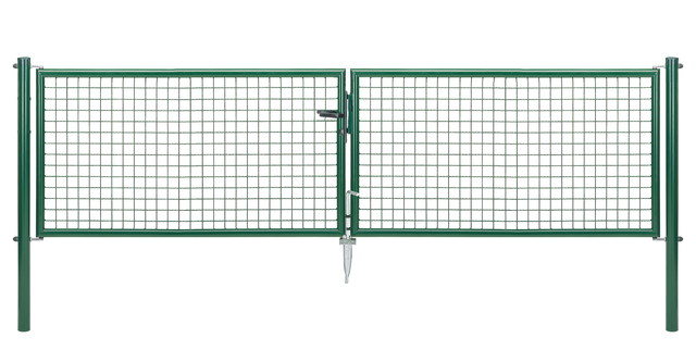 Welded mesh double gate, Material: raw steel, Surface: galvanised, green powder-coated RAL 6005, for setting in concrete, Type: divided in the middle, Nominal width: 3000 mm, Clear width: 2928 mm, Frame width gate leaf: 1419 mm, Frame width second gate leaf: 1419 mm, Width from middle to middle of post: 2988 mm, Height: 750 mm, Post length: 1250 mm, Post dia.: 60 mm, Frame thickness Ø: 42 mm, Filler material: 50 x 50 x 4 mm, 15-year warranty against rusting through