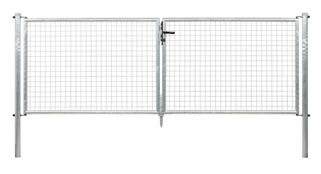 Brama podwójna z siatką falistą, materiał: stal surowa, powierzchnia: ocynkowana ogniowo, do zabetonowania, Wersja: podział środkowy, Szerokość siatki: 3000 mm, Szerokość w świetle: 2928 mm, Szerokość ramy skrzydła zamykającego: 1419 mm, Szerokość ramy drugiego skrzydła: 1419 mm, Szerokość od środka do środka słupka: 2988 mm, Wysokość: 1000 mm, Długość słupka: 1500 mm, Średnica słupka: 60 mm, Średnica grubości ramy: 42 mm, Materiał wypełnienia: 50 x 50 x 4 mm, 15 lat gwarancji na przerdzewienie