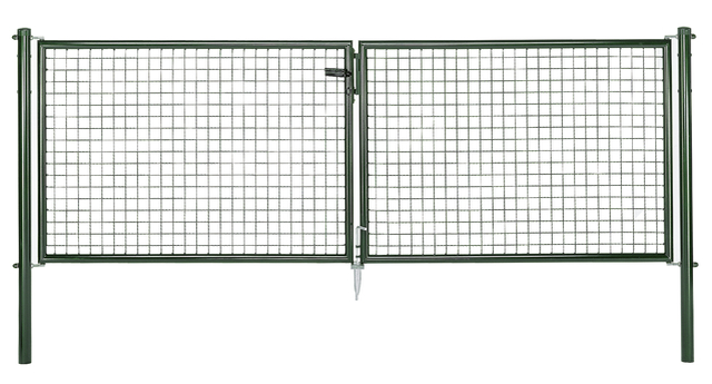 Welded mesh double gate, Material: raw steel, Surface: galvanised, green powder-coated RAL 6005, for setting in concrete, Type: divided in the middle, Nominal width: 3000 mm, Clear width: 2928 mm, Frame width gate leaf: 1419 mm, Frame width second gate leaf: 1419 mm, Width from middle to middle of post: 2988 mm, Height: 1000 mm, Post length: 1500 mm, Post dia.: 60 mm, Frame thickness Ø: 42 mm, Filler material: 50 x 50 x 4 mm, 15-year warranty against rusting through