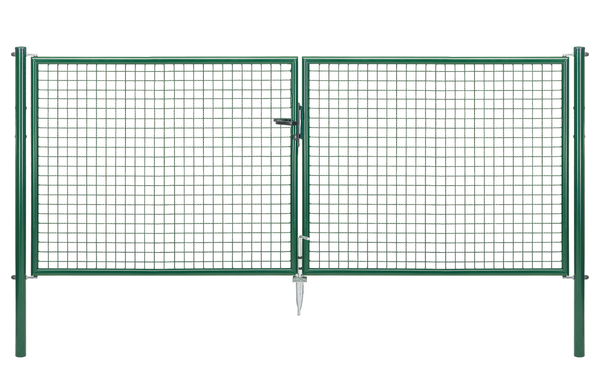 Welded mesh double gate, Material: raw steel, Surface: zinc phosphate plated, green powder-coated RAL 6005, for setting in concrete, Type: divided in the middle, Nominal width: 3000 mm, Clear width: 2928 mm, Frame width gate leaf: 1419 mm, Frame width second gate leaf: 1419 mm, Width from middle to middle of post: 2988 mm, Height: 1250 mm, Post length: 1750 mm, Post dia.: 60 mm, Frame thickness Ø: 42 mm, Filler material: 50 x 50 x 4 mm, 10-year warranty against rusting through