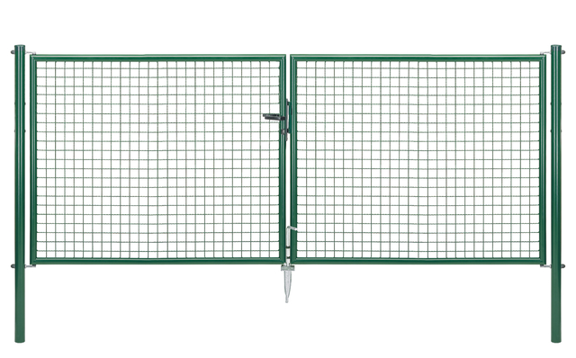 Wellengitter-Doppeltor, Material: Stahl roh, Oberfläche: zinkphosphatiert, grün kunststoffbeschichtet RAL 6005, zum Einbetonieren, Ausführung: mittig geteilt, Nennbreite: 3000 mm, lichte Breite: 2928 mm, Rahmenbreite Schließflügel: 1419 mm, Rahmenbreite Zweitflügel: 1419 mm, Breite von Mitte zu Mitte Pfosten: 2988 mm, Höhe: 1250 mm, Pfostenlänge: 1750 mm, Pfosten-Ø: 60 mm, Rahmenstärke-Ø: 42 mm, Material Füllung: 50 x 50 x 4 mm, 10 Jahre Garantie gegen Durchrosten