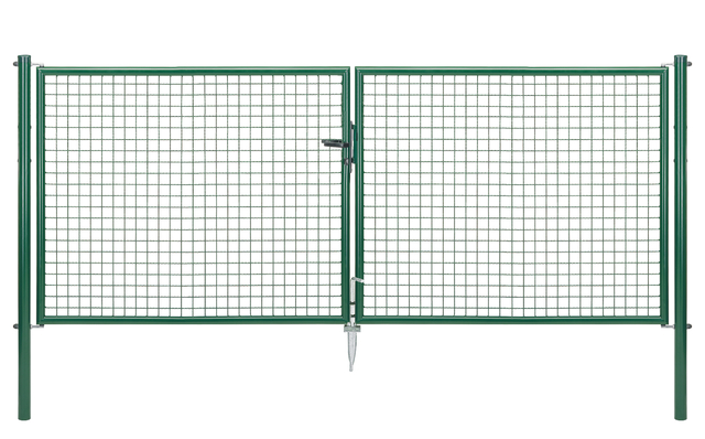 Welded mesh double gate, Material: raw steel, Surface: galvanised, green powder-coated RAL 6005, for setting in concrete, Type: divided in the middle, Nominal width: 3000 mm, Clear width: 2928 mm, Frame width gate leaf: 1419 mm, Frame width second gate leaf: 1419 mm, Width from middle to middle of post: 2988 mm, Height: 1250 mm, Post length: 1750 mm, Post dia.: 60 mm, Frame thickness Ø: 42 mm, Filler material: 50 x 50 x 4 mm, 15-year warranty against rusting through
