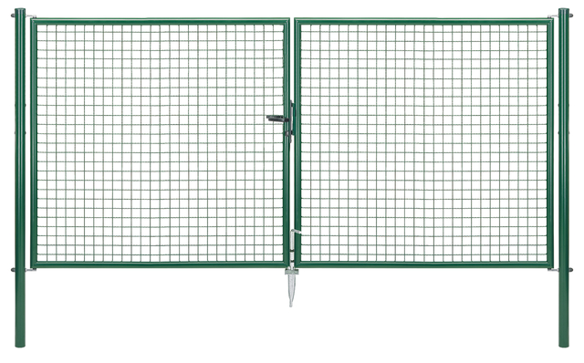 Wellengitter-Doppeltor, Material: Stahl roh, Oberfläche: zinkphosphatiert, grün kunststoffbeschichtet RAL 6005, zum Einbetonieren, Ausführung: mittig geteilt, Nennbreite: 3000 mm, lichte Breite: 2928 mm, Rahmenbreite Schließflügel: 1419 mm, Rahmenbreite Zweitflügel: 1419 mm, Breite von Mitte zu Mitte Pfosten: 2988 mm, Höhe: 1500 mm, Pfostenlänge: 2000 mm, Pfosten-Ø: 60 mm, Rahmenstärke-Ø: 42 mm, Material Füllung: 50 x 50 x 4 mm, 10 Jahre Garantie gegen Durchrosten
