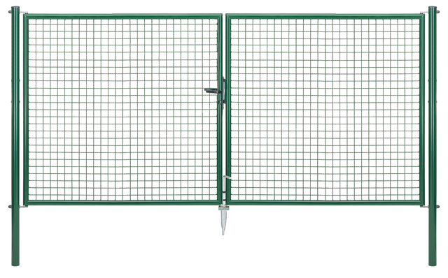Welded mesh double gate, Material: raw steel, Surface: galvanised, green powder-coated RAL 6005, for setting in concrete, Type: divided in the middle, Nominal width: 3000 mm, Clear width: 2928 mm, Frame width gate leaf: 1419 mm, Frame width second gate leaf: 1419 mm, Width from middle to middle of post: 2988 mm, Height: 1500 mm, Post length: 2000 mm, Post dia.: 60 mm, Frame thickness Ø: 42 mm, Filler material: 50 x 50 x 4 mm, 15-year warranty against rusting through