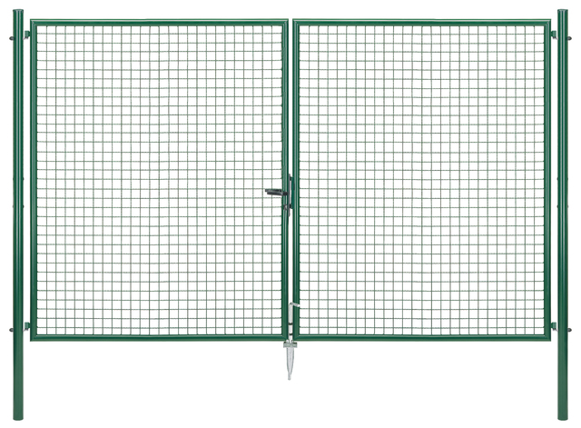 Wellengitter-Doppeltor, Material: Stahl roh, Oberfläche: zinkphosphatiert, grün kunststoffbeschichtet RAL 6005, zum Einbetonieren, Ausführung: mittig geteilt, Nennbreite: 3000 mm, lichte Breite: 2968 mm, Rahmenbreite Schließflügel: 1419 mm, Rahmenbreite Zweitflügel: 1419 mm, Breite von Mitte zu Mitte Pfosten: 3044 mm, Höhe: 2000 mm, Pfostenlänge: 2500 mm, Pfosten-Ø: 76 mm, Rahmenstärke-Ø: 42 mm, Material Füllung: 50 x 50 x 4 mm, 10 Jahre Garantie gegen Durchrosten