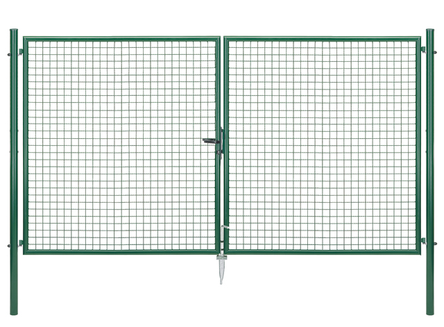 Welded mesh double gate, Material: raw steel, Surface: galvanised, green powder-coated RAL 6005, for setting in concrete, Type: divided in the middle, Nominal width: 3000 mm, Clear width: 2968 mm, Frame width gate leaf: 1419 mm, Frame width second gate leaf: 1419 mm, Width from middle to middle of post: 3044 mm, Height: 1750 mm, Post length: 2250 mm, Post dia.: 76 mm, Frame thickness Ø: 42 mm, Filler material: 50 x 50 x 4 mm, 15-year warranty against rusting through