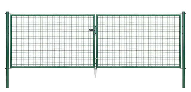 Welded mesh double gate, Material: raw steel, Surface: galvanised, green powder-coated RAL 6005, for setting in concrete, Type: divided in the middle, Nominal width: 4000 mm, Clear width: 3928 mm, Frame width gate leaf: 1919 mm, Frame width second gate leaf: 1919 mm, Width from middle to middle of post: 4004 mm, Height: 1250 mm, Post length: 1750 mm, Post dia.: 76 mm, Frame thickness Ø: 42 mm, Filler material: 50 x 50 x 4 mm, 15-year warranty against rusting through