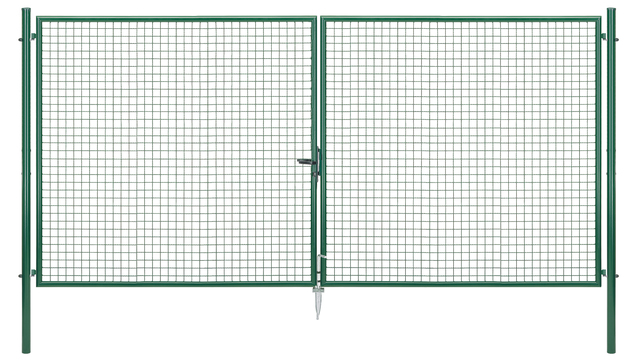 Wellengitter-Doppeltor, Material: Stahl roh, Oberfläche: zinkphosphatiert, grün kunststoffbeschichtet RAL 6005, zum Einbetonieren, Ausführung: mittig geteilt, Nennbreite: 4000 mm, lichte Breite: 3968 mm, Rahmenbreite Schließflügel: 1919 mm, Rahmenbreite Zweitflügel: 1919 mm, Breite von Mitte zu Mitte Pfosten: 4044 mm, Höhe: 2000 mm, Pfostenlänge: 2500 mm, Pfosten-Ø: 76 mm, Rahmenstärke-Ø: 42 mm, Material Füllung: 50 x 50 x 4 mm, 10 Jahre Garantie gegen Durchrosten