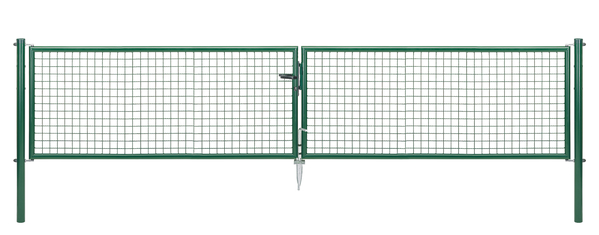 Welded mesh double gate, Material: raw steel, Surface: zinc phosphate plated, green powder-coated RAL 6005, for setting in concrete, Type: divided in the middle, Nominal width: 4000 mm, Clear width: 3928 mm, Frame width gate leaf: 1919 mm, Frame width second gate leaf: 1919 mm, Width from middle to middle of post: 4004 mm, Height: 750 mm, Post length: 1250 mm, Post dia.: 76 mm, Frame thickness Ø: 42 mm, Filler material: 50 x 50 x 4 mm, 10-year warranty against rusting through