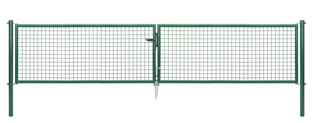 Wellengitter-Doppeltor, Material: Stahl roh, Oberfläche: zinkphosphatiert, grün kunststoffbeschichtet RAL 6005, zum Einbetonieren, Ausführung: mittig geteilt, Nennbreite: 4000 mm, lichte Breite: 3928 mm, Rahmenbreite Schließflügel: 1919 mm, Rahmenbreite Zweitflügel: 1919 mm, Breite von Mitte zu Mitte Pfosten: 4004 mm, Höhe: 750 mm, Pfostenlänge: 1250 mm, Pfosten-Ø: 76 mm, Rahmenstärke-Ø: 42 mm, Material Füllung: 50 x 50 x 4 mm, 10 Jahre Garantie gegen Durchrosten