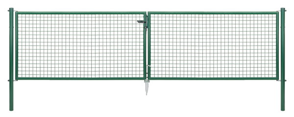 Welded mesh double gate, Material: raw steel, Surface: zinc phosphate plated, green powder-coated RAL 6005, for setting in concrete, Type: divided in the middle, Nominal width: 4000 mm, Clear width: 3928 mm, Frame width gate leaf: 1919 mm, Frame width second gate leaf: 1919 mm, Width from middle to middle of post: 4004 mm, Height: 1000 mm, Post length: 1500 mm, Post dia.: 76 mm, Frame thickness Ø: 42 mm, Filler material: 50 x 50 x 4 mm, 10-year warranty against rusting through