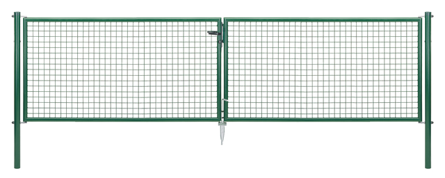 Wellengitter-Doppeltor, Material: Stahl roh, Oberfläche: zinkphosphatiert, grün kunststoffbeschichtet RAL 6005, zum Einbetonieren, Ausführung: mittig geteilt, Nennbreite: 4000 mm, lichte Breite: 3928 mm, Rahmenbreite Schließflügel: 1919 mm, Rahmenbreite Zweitflügel: 1919 mm, Breite von Mitte zu Mitte Pfosten: 4004 mm, Höhe: 1000 mm, Pfostenlänge: 1500 mm, Pfosten-Ø: 76 mm, Rahmenstärke-Ø: 42 mm, Material Füllung: 50 x 50 x 4 mm, 10 Jahre Garantie gegen Durchrosten