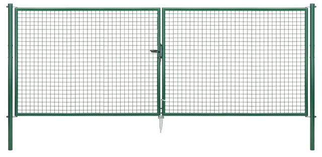 Welded mesh double gate, Material: raw steel, Surface: galvanised, green powder-coated RAL 6005, for setting in concrete, Type: divided in the middle, Nominal width: 4000 mm, Clear width: 3928 mm, Frame width gate leaf: 1919 mm, Frame width second gate leaf: 1919 mm, Width from middle to middle of post: 4004 mm, Height: 1500 mm, Post length: 2000 mm, Post dia.: 76 mm, Frame thickness Ø: 42 mm, Filler material: 50 x 50 x 4 mm, 15-year warranty against rusting through