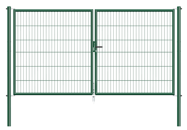 Stabgitter-Doppeltor Garden, Material: Stahl roh, Oberfläche: zinkphosphatiert, grün kunststoffbeschichtet RAL 6005, zum Einbetonieren, Ausführung: mittig geteilt, Breite von Mitte zu Mitte Pfosten: 2988 mm, Höhe: 1500 mm, Pfostenlänge: 2000 mm, Pfosten-Ø: 60 mm, Rahmenstärke-Ø: 42 mm, Material Füllung: 50 x 250 mm, 10 Jahre Garantie gegen Durchrosten
